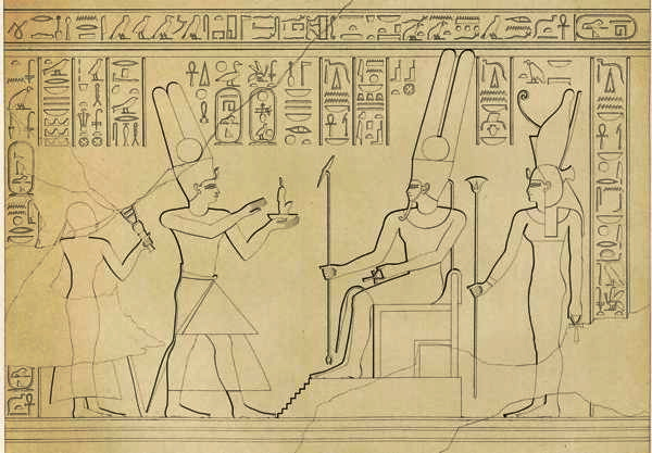 A drawing of egyptian gods and pharaohs
Description automatically generated